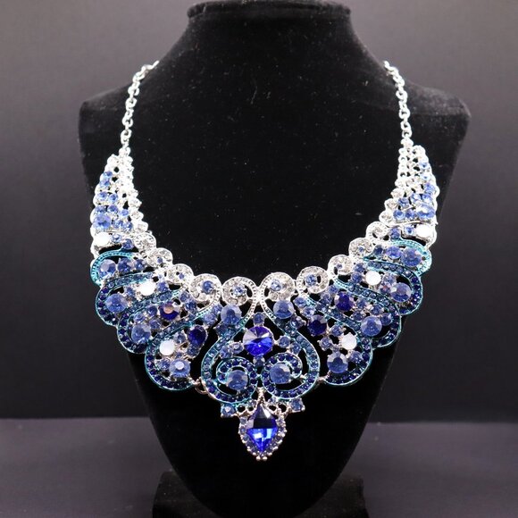 Royal Blue Rhinestone Bib Necklace & Earring Set β Sapphire Showstopper π - Picture 2 of 2